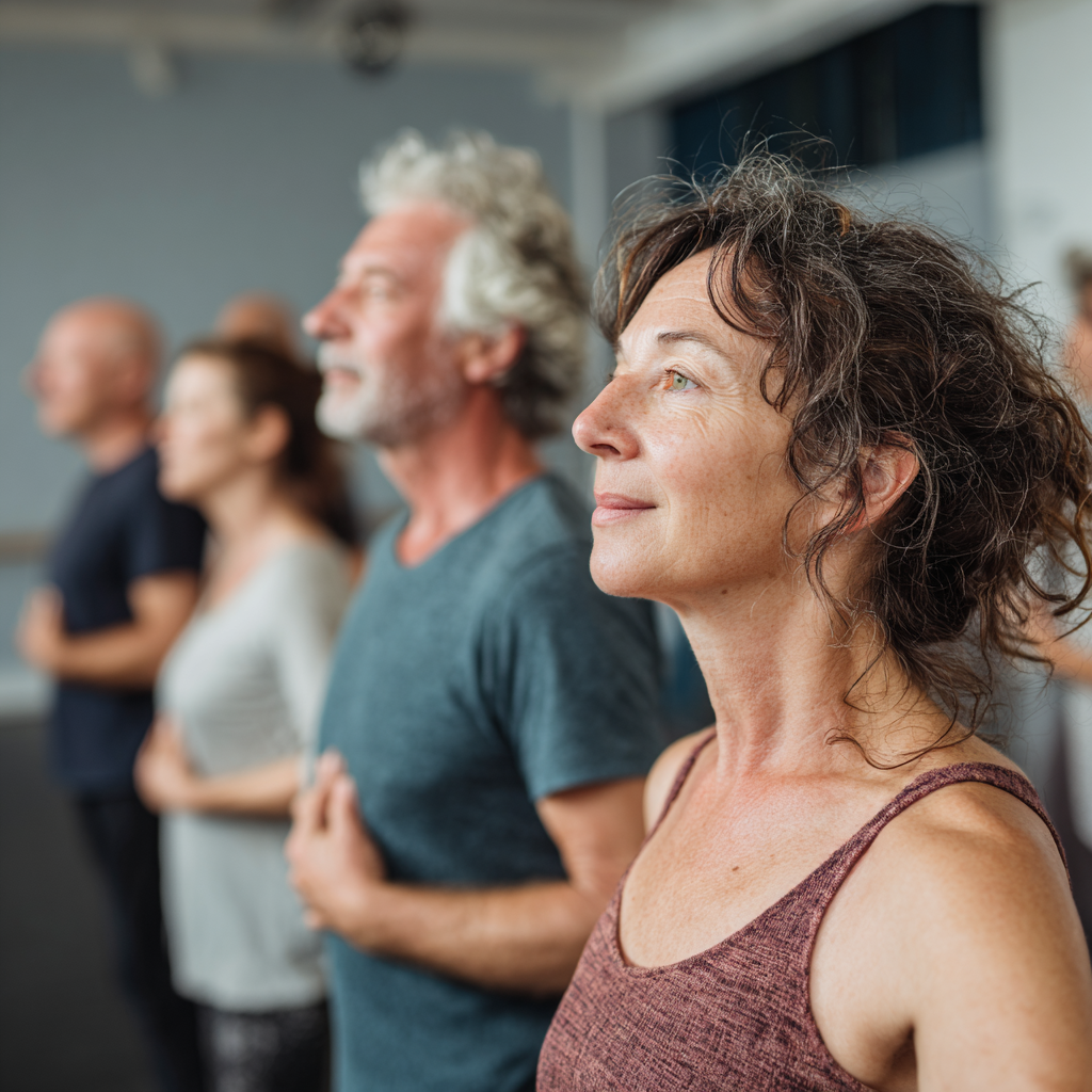 Middle-aged adults practicing mindful movement in a calm studio setting